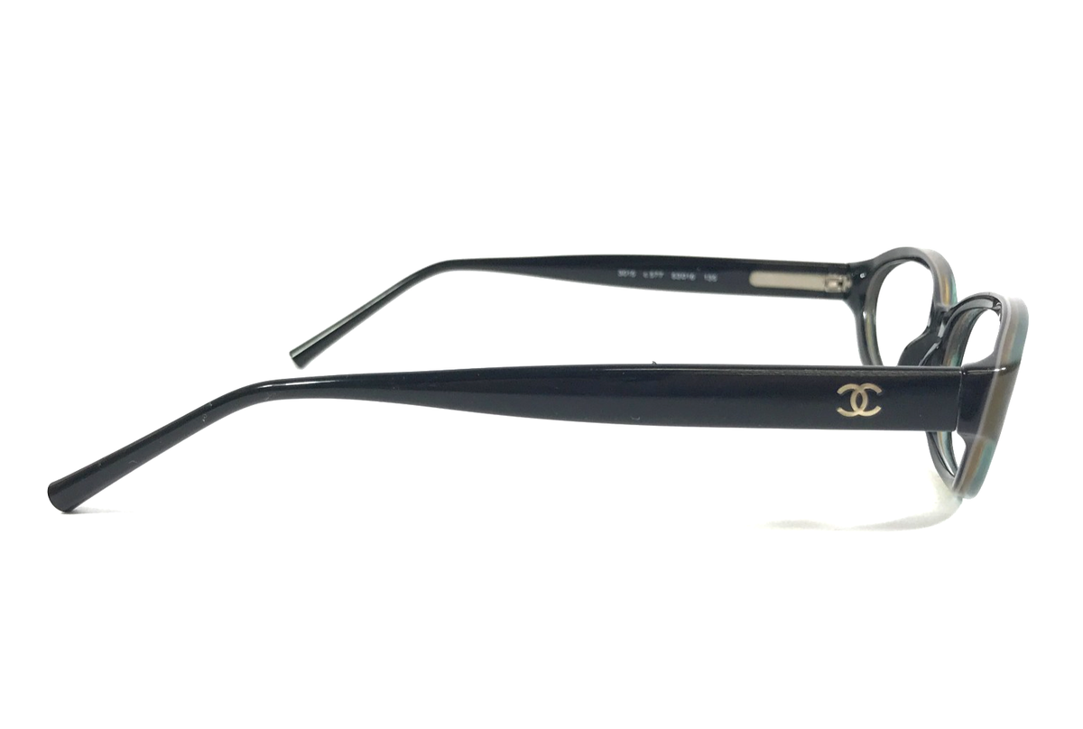 Chanel Eyeglasses Frames 3015 c.577 Shiny Black Green Cat Eye Full