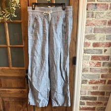 Athleta Linen Blend Wide Leg Pants Light Blue Drawstring Waist Pockets Size Med