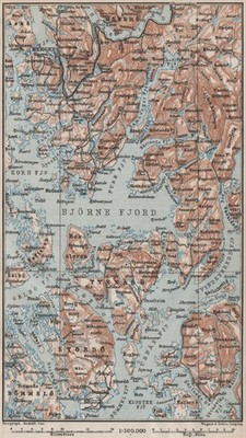 OUTER HARDANGER FJORD Topokarte. Bergen Stordo. Norwegen Kart. BAEDEKER 1885