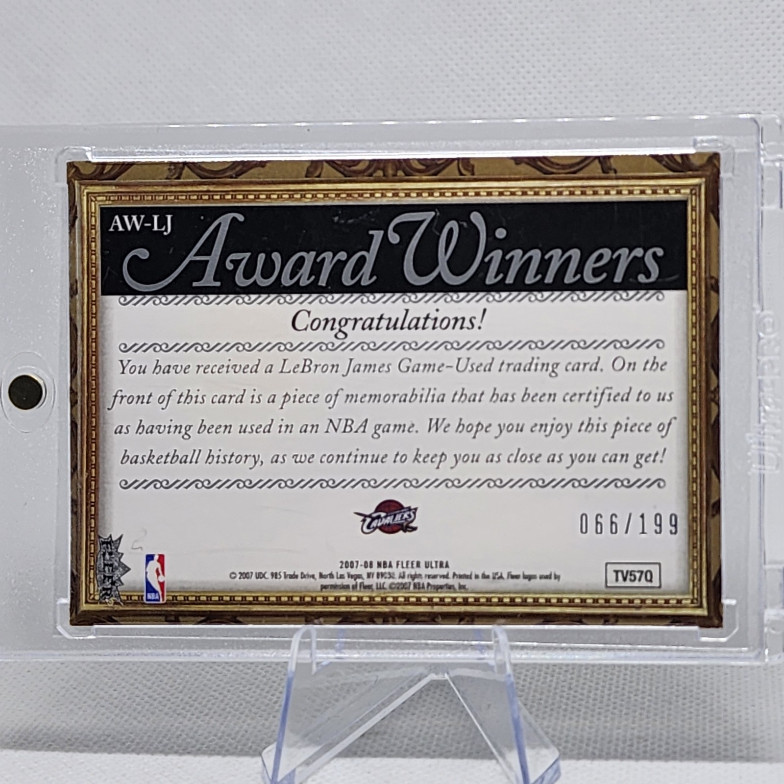 LeBron James 2007-08 Fleer Ultra Award Winners Game Used Jersey /199 Cavaliers view 2