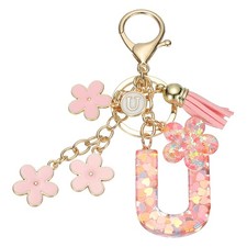Alphabet U Tassel Cherry Blossom Initial Letter Keychain Pink, Pack of 1