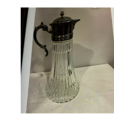 Clear Ribbed Glass Pitcher w/ Silver Metal Lid & Handle, 44 oz Victorian