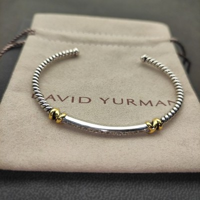 David Yurman Two-Tone Crossover Cable Cuff Sterling Silver18K Gold Pave Diamonds