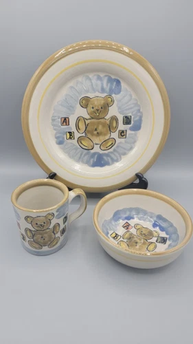Vtg Louisville Stoneware Pottery Teddy Bear ABC Blocks 3Pc Child's Dish SET