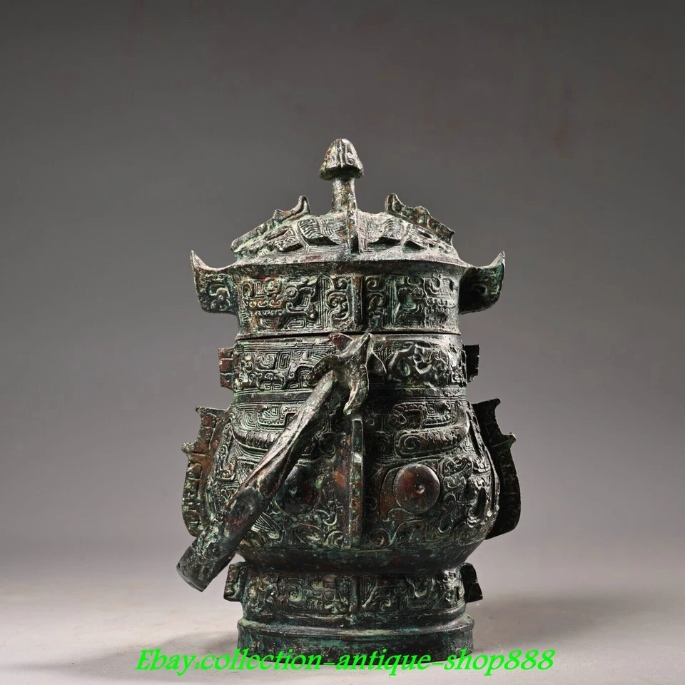 Vaso portátil de 9" de la antigua dinastía china mercancía de bronce cara de bestia de dragón tarro olla vasija Foto 3 de 4