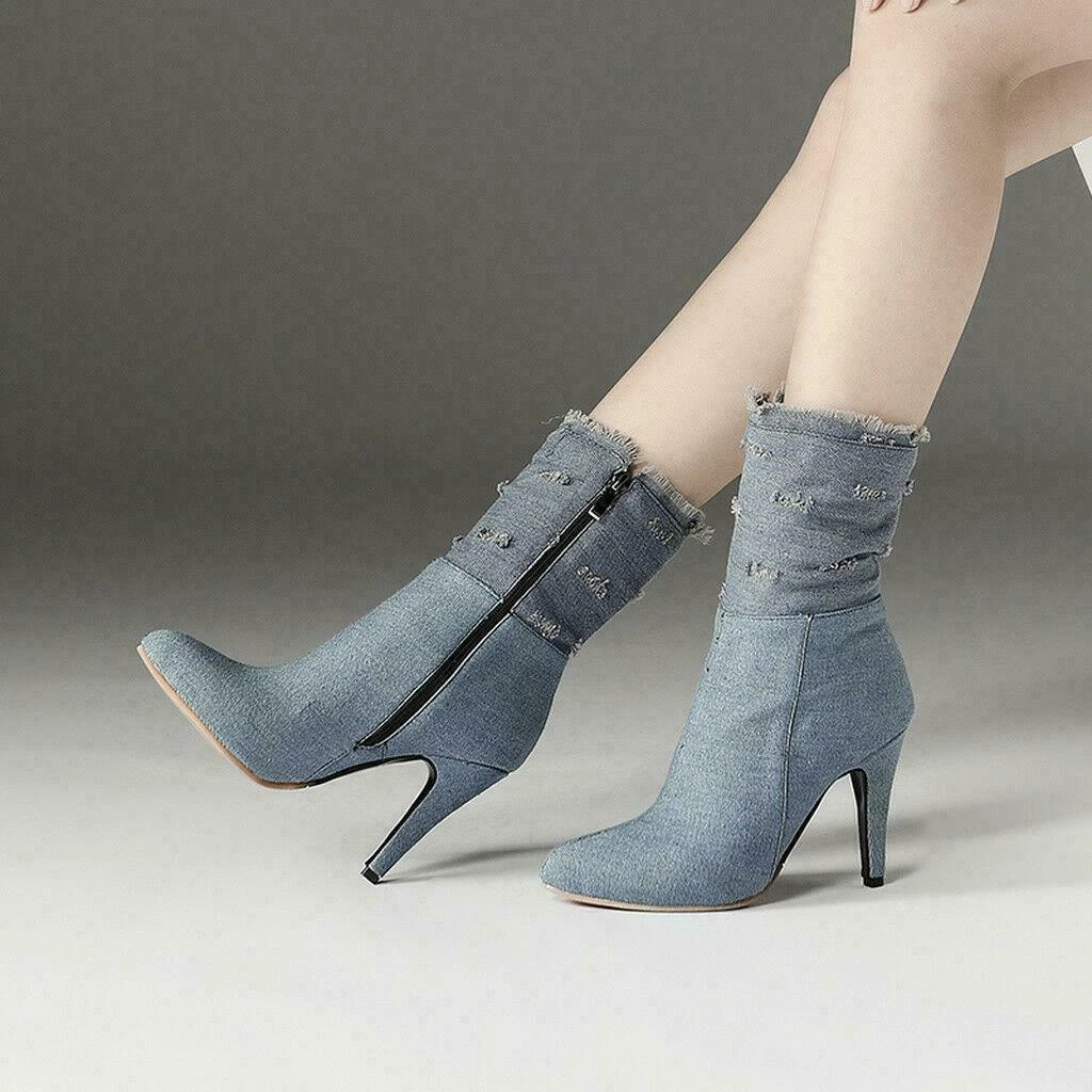 Women Denim Shoes High Heels Zip Pointed Toe Casual Dress Ankle Boots Plus Size