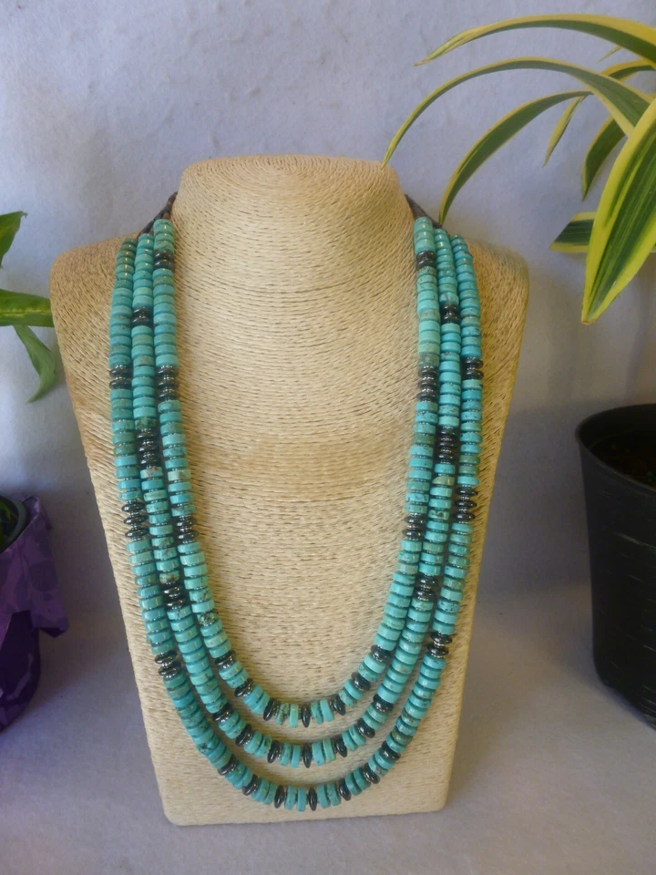 Turquoise & Hematite 925 Multi Strand Native American Southwestern Necklace - Image 2 of 4