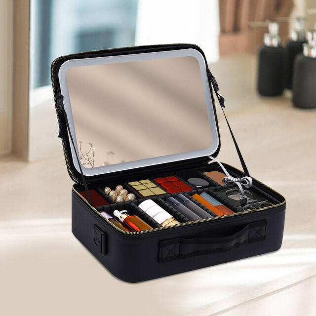 Makeup Bag With Light Up LED Mirror Portable Travel Cosmetic Train Case UK SALE