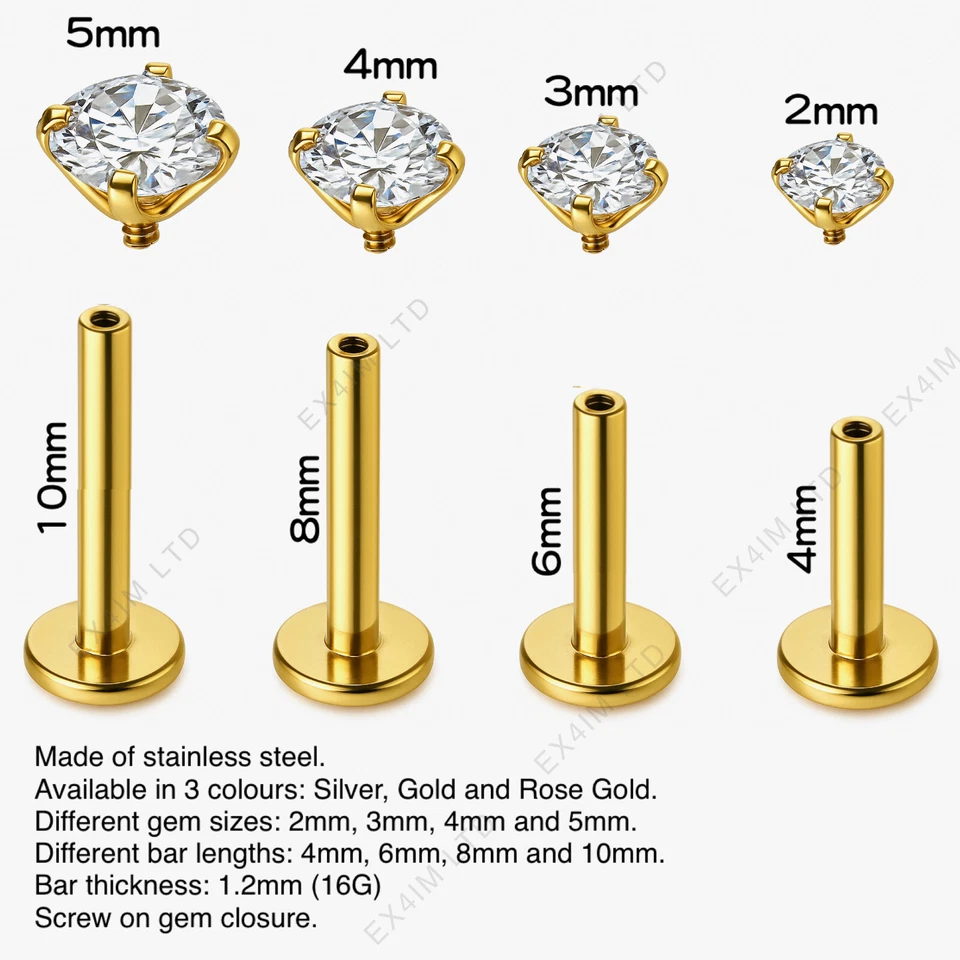 Серьги-гвоздики Labret с плоской задней поверхностью драгоценные камни для пирсинга хряща спирали носа в Великобритании - Изображение 2 из 4