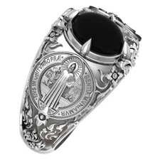 925 Sterling Silver Onyx St Saint Benedict Ring Catholic Protection Jewelry