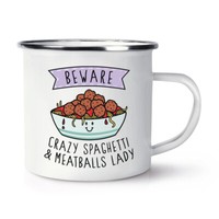 Beware VerrüCkte Spaghetti & Meatballs Damen Emaille Tasse Lustiger Witz Essen