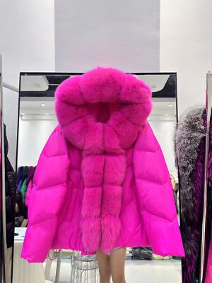Winter Womens Short Coat Down Jacket Real Fox Fur Collar Overcoat Warm Zipper sz