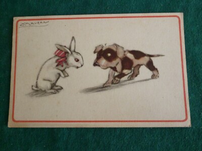 Alte AK Postkarte Illustration Mauzan - Der Hase und der Hund