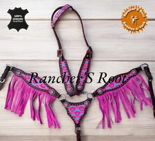 Western Leather Tack Set For Horse |  Pink Aztec Gladiator With Fringe Tack Set