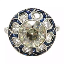 Estate Art Deco Style 2.21CT Old European Cut Shiny CZ and Blue Sapphire Ring