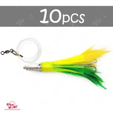 10pcs Chartreuse 6" Fishing Tuna Feather head Jet Rigged Lure Double tuna Hook