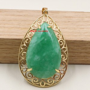Authentic Gold Plated Heated Green Jade Pear BIG Pendant Best 59mm H