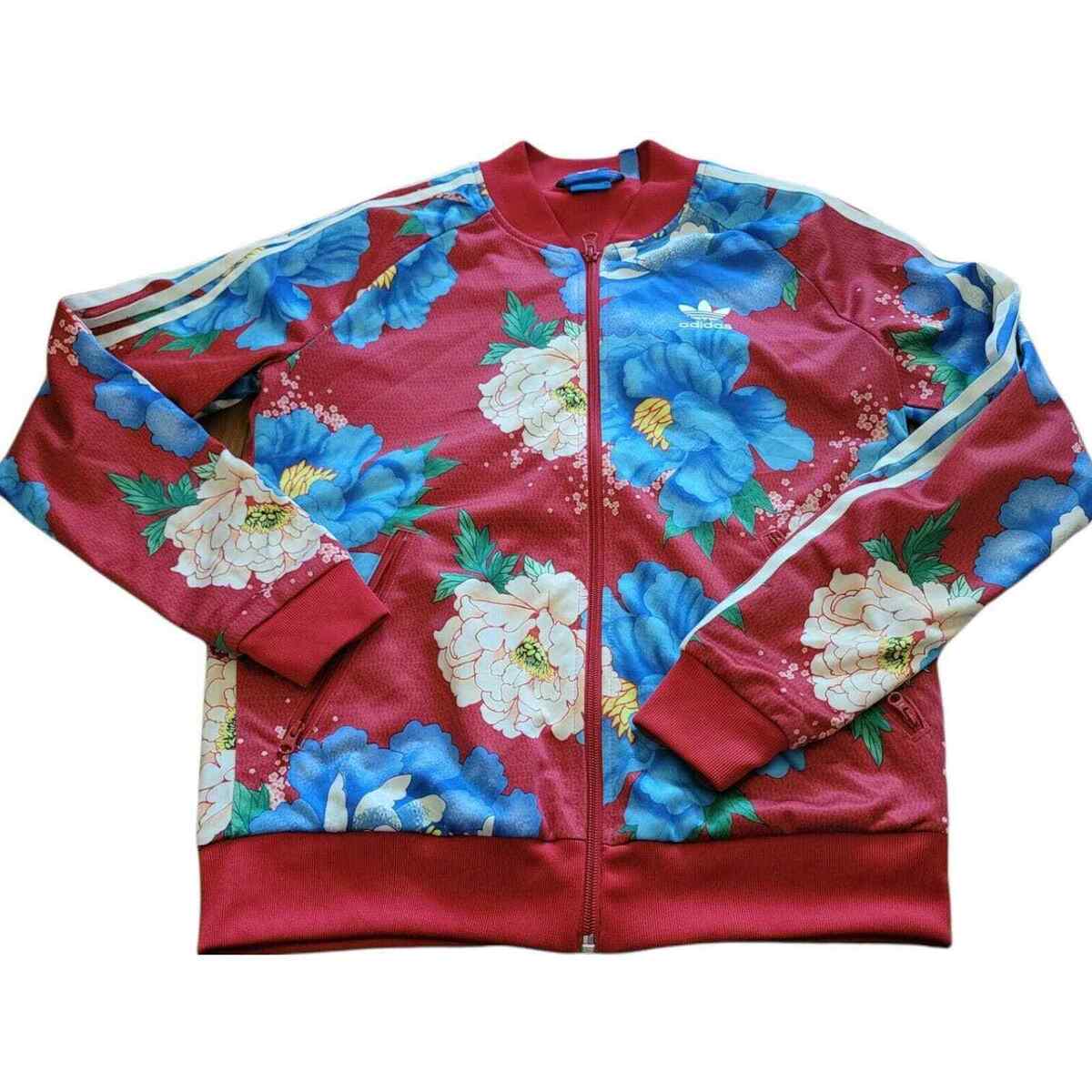 ADIDAS X Farm Chita Red Floral Print Track Zip-Top Jacket ADIDAS X Farm Chita Red Floral Print Track Zip-Top Jacket