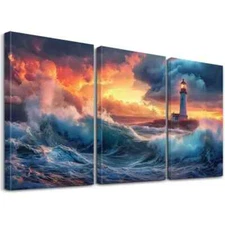 3pcs Aesthetic Landscape Lighthouse & Ocean Wall Art Canvas Framed 50x70cm