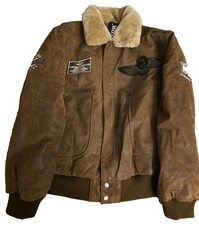 Chaqueta de bombardero de aviador de cuero para hombre FLAVOR parches de cuello de piel sintética marrón L