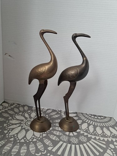 Solid Brass Pair of Crane Heron Egret Bird Sculptures MCM Figures 12” - Imagen 4 de 18