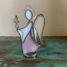 STAINED GLASS pink ANGEL holding candle standing White Wings Side View