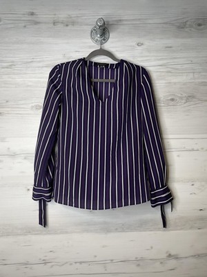 Banana Republic Blouse Womens XS Purple White Stripe LS Ansel Tie Top Polyester