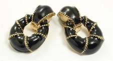 Vintage Ciner Gold Tone Black Enamel Door Knocker Dangle Clip Earrings