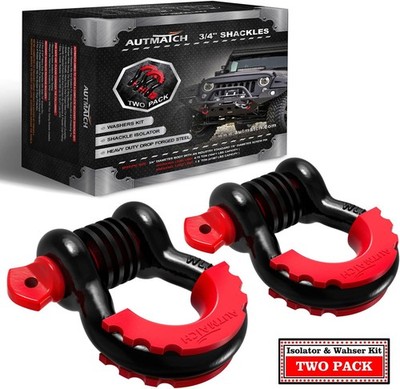 AUTMATCH D Ring Shackle 3/4'' Shackles (2 Pack) 3/4 Inch Shackles, Black & Red 