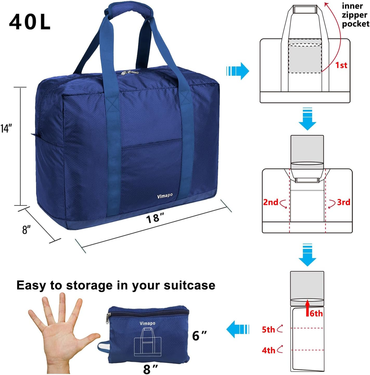 Foldable Travel Duffle Bag with Trolley Sleeve 40L - 18X14X8