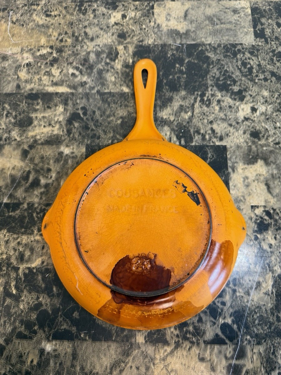 Vintage Cousances FRANCE Cast Iron Enamel Skillet Orange #26 Rare