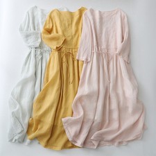 Womens Summer Round Neck Cotton Linen Embroidery Short Sleeves Belt Casual Dress