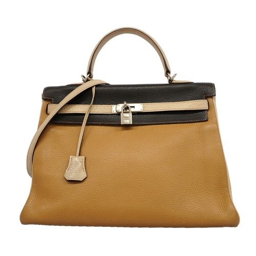 Auth [6id5791] HERMES Handbag Kelly 35 Tricolor Taurillon Clemence Tabac Cam...