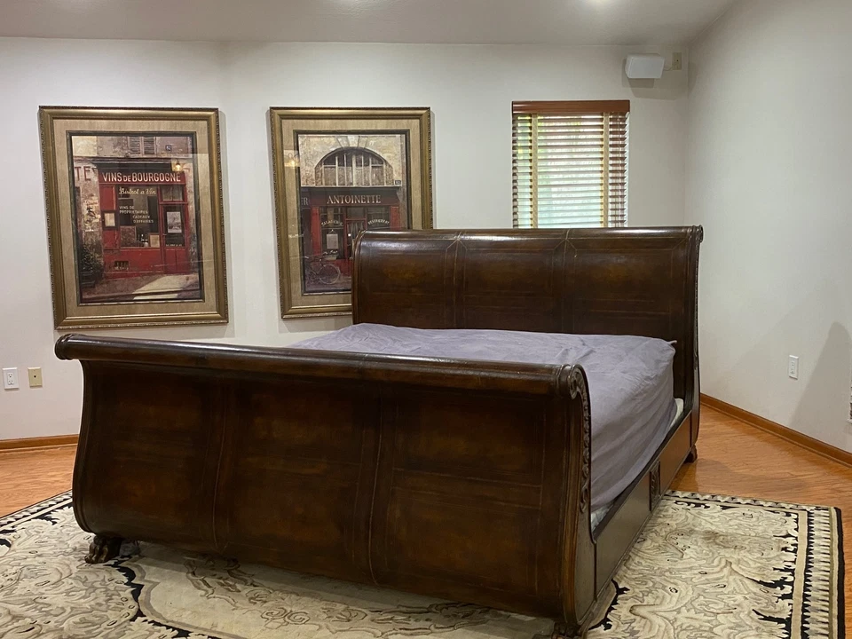 Elegant Oversized Wood & Leather King Sleigh Bed Dark Brown About 7’ x 9’ x 51 “ - Image 2 of 4