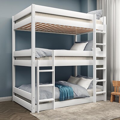 Triple Bunk Beds High Sleeper Kids Children Pine Wooden Bed Frame With  Stairs UK