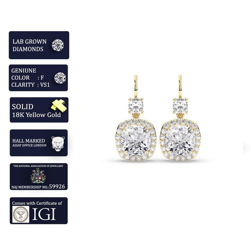 Cushion 6 ct Solitaire Halo 18K Yellow Gold Earrings, Lab-grown IGI Certified - Picture 5 of 14