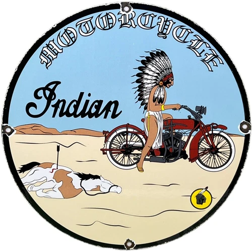 VINTAGE INDIAN MOTORCYCLES PORCELAIN SIGN DEALERSHIP MOTOR BIKE HARLEY GAS OIL