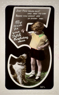 Postkarte Junge Kind Hund Haustier Portrait 5. Fünf Geburtstag Wildt & Kray RPPC