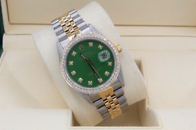 Rolex Datejust 36mm Custom 1.15ct VS Diamond Bezel & Green Dial T/T Quickset