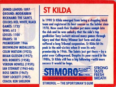 ✺New✺ 1991 ST KILDA SAINTS AFL Card CLUB LOGO Scanlens