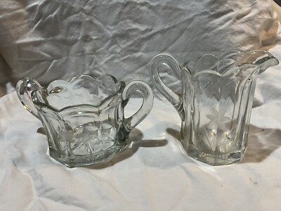 VINTAGE HEAVY CUT AND ETCHED GLASS SUGAR BOWL AND CREAMER WITH FLOWER AND LEAVES