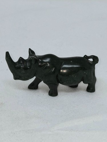 VINTAGE RHINO RHINOCEROS HAND CARVED GREEN JADE STONE FIGURINE 3"