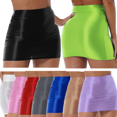Lady Glossy Shiny Pencil High Waist Wrapped Hip Skirt Bodycon Miniskirt Clubwear