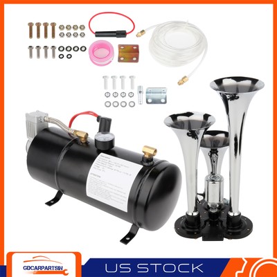 For Car Truck 3 Trumpet Train Air Horn Kit 150 PSI Air Compressor Full System