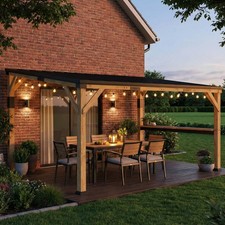 10' x 14' Wooden Gazebo, Hardtop Lean-to Gazebo Pergola with Galvanized Steel S