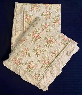 Laura Ashley Pink Rosebuds Ruffled Pillowcases Floral Quilted Shams Cottagecore