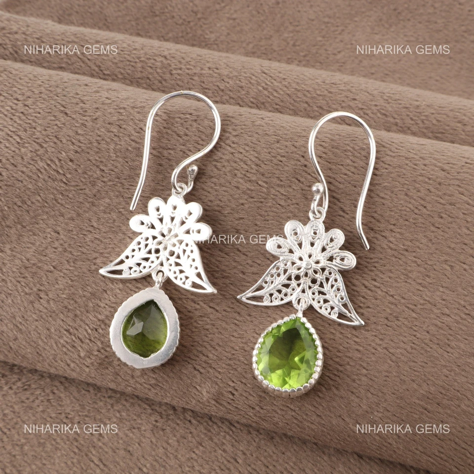 925 Silver Pear Natural Peridot Cyber Monday Dangling Sister Hook Boho Earrings - Image 4 of 4