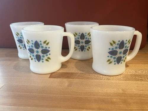 Fire King Swiss Chalet Mugs Set of 4 Milk Glass Blue Floral 1960s Vintage MCM