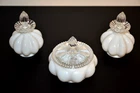 Antique Fenton Glass White Milk Melon Vanity Set  Perfume Bottles & Powder Jar
