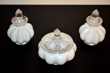 Antique Fenton Glass White Milk Melon Vanity Set Perfume Bottles & Powder Jar